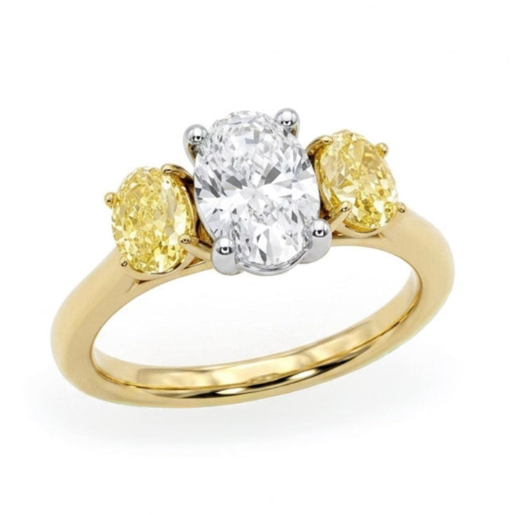 Oval Diamond Three Stone Engagement Ring with Fancy Yellow Diamonds, 1.66ct