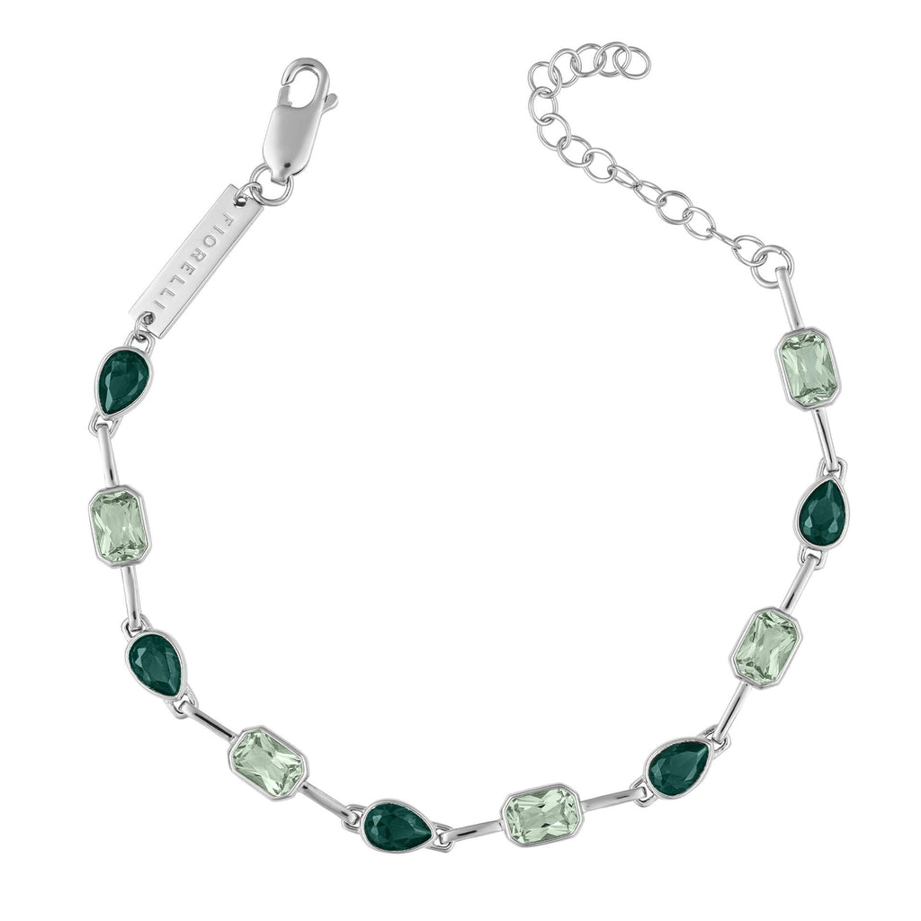 Green crystal octagon and teardrop bracelet in silver.