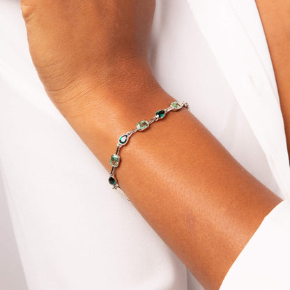 Green crystal octagon and teardrop bracelet in silver.