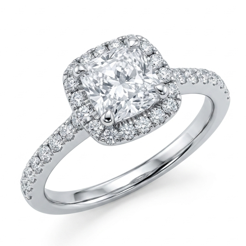 Cushion Shaped Diamond Halo Engagement Ring in Platinum, 1.65ct