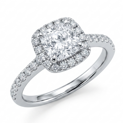 Cushion Shaped Diamond Halo Engagement Ring in Platinum, 1.65ct