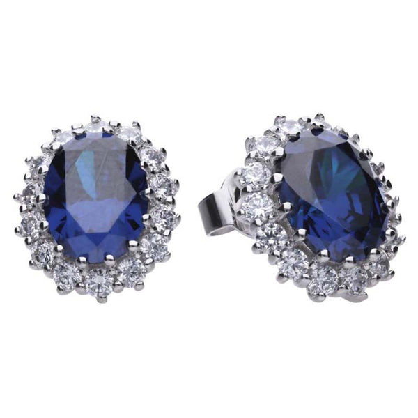Blue oval cubic zirconia halo earrings in silver.