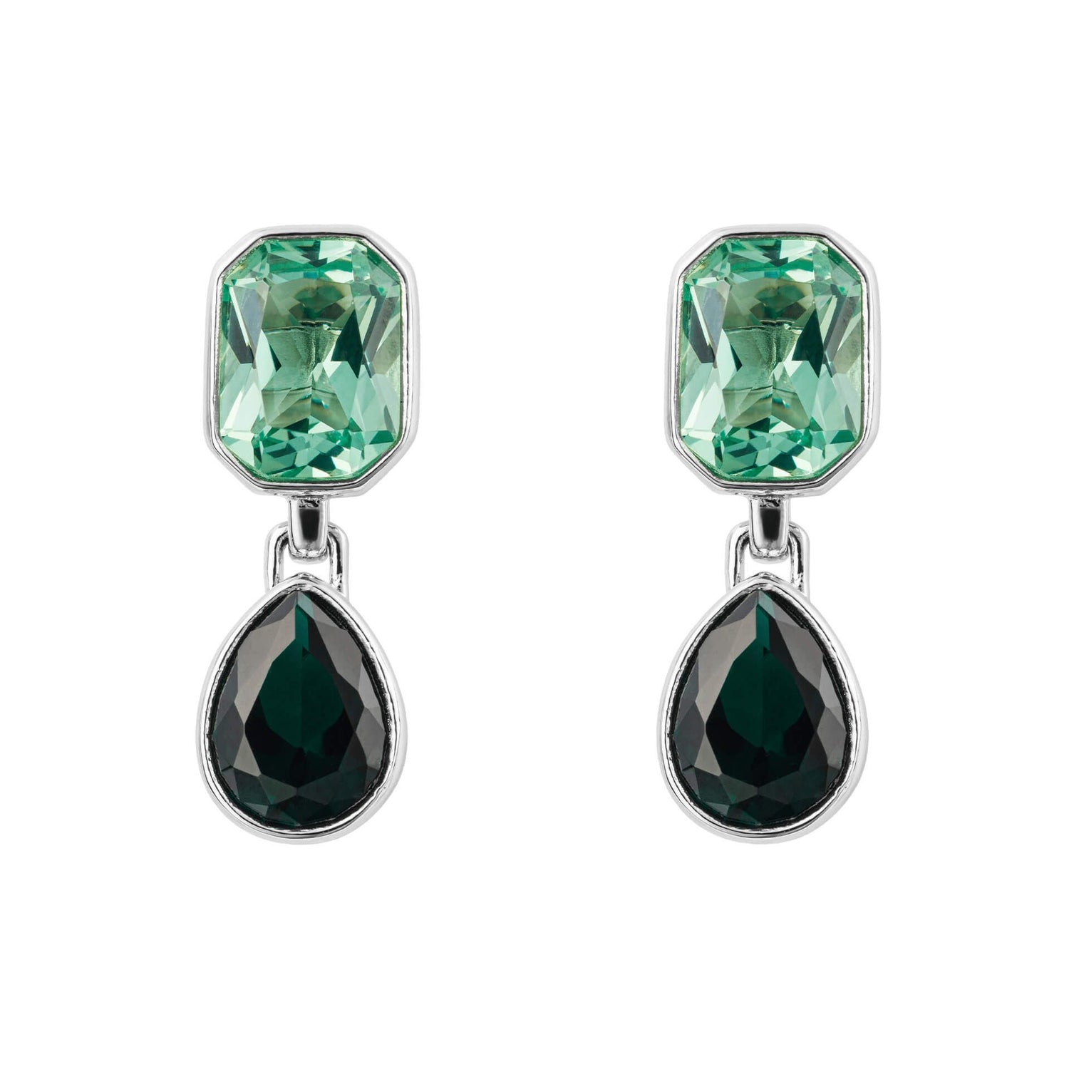 Green crystal octagon and teardrop earrings in silver.