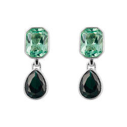 Green crystal octagon and teardrop earrings in silver.