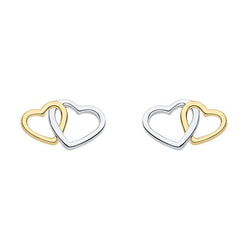 Linked heart stud earrings in silver with gold plating.
