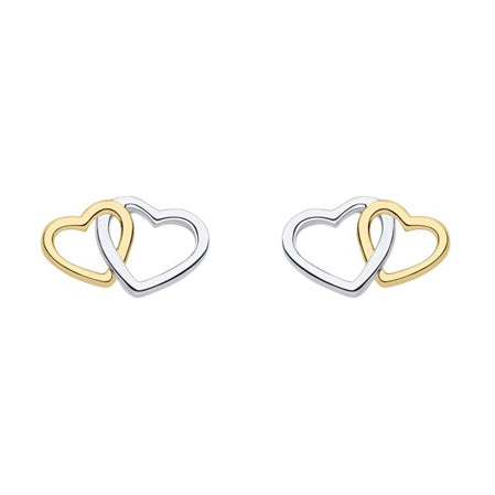 Linked heart stud earrings in silver with gold plating.