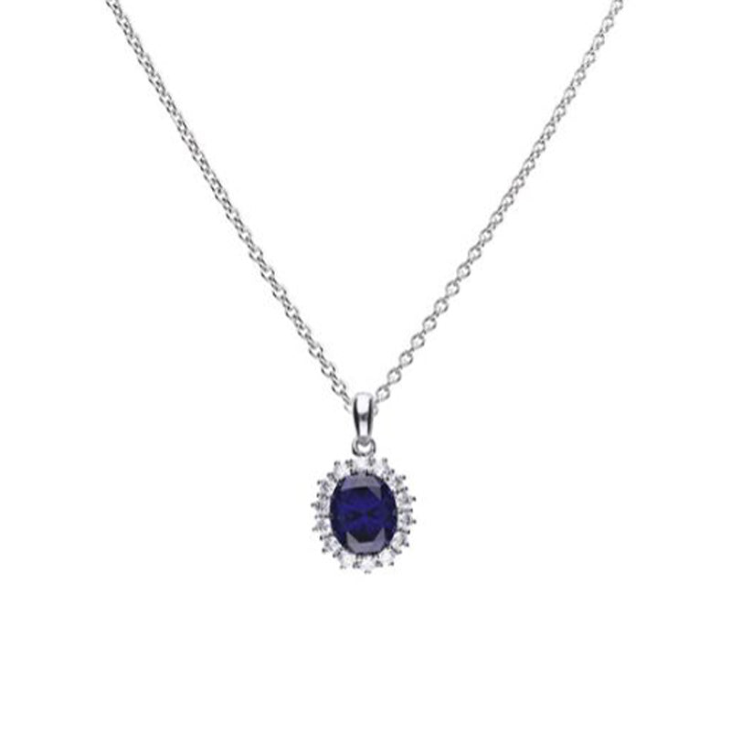 Blue cubic zirconia oval halo cluster pendant in silver.