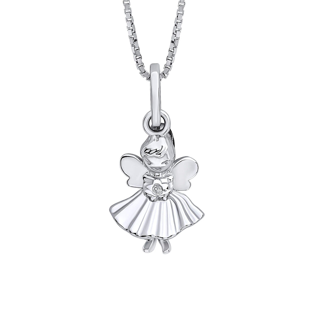 Diamond set fairy pendant and chain in silver.