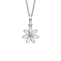 Diamond set enamel daisy pendant and chain in silver