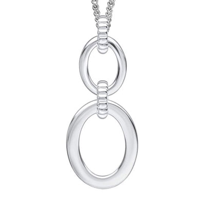 Double oval pendant with textured links in silver.