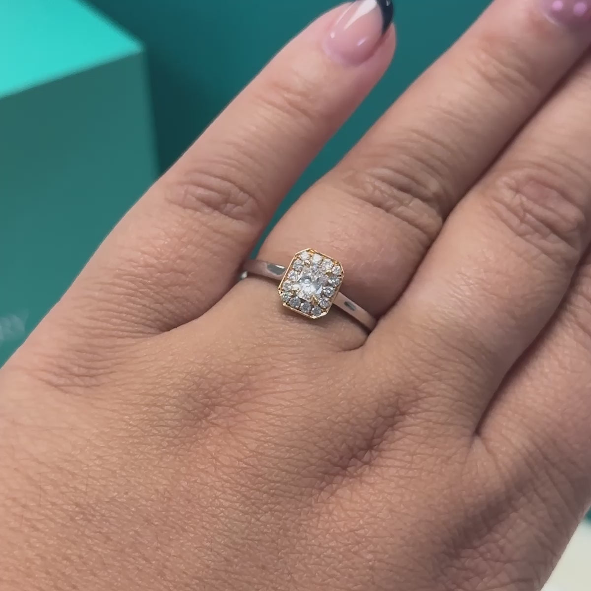 Phoenix cut diamond halo cluster ring in 18ct white and rose gold, 0.43ct