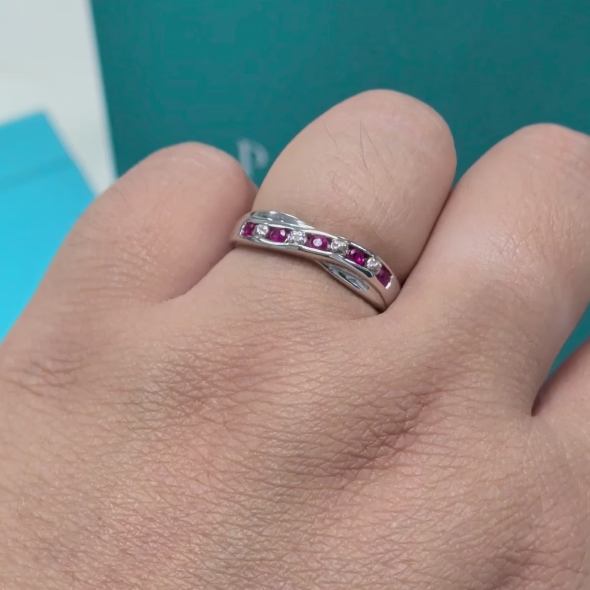 Synthetic Ruby &amp; Diamond Crossover Dress Ring in Silver