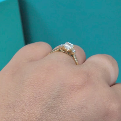 Asscher Cut Diamond Three Stone Engagement Ring in 18ct Gold, 0.95ct