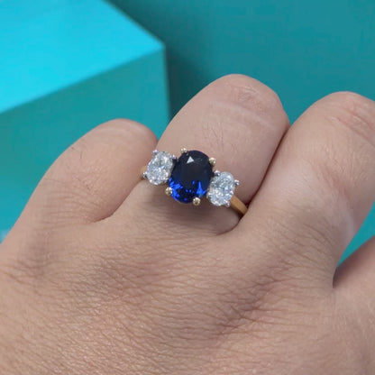 Oval Sapphire &amp; Diamond Three Stone Engagement Ring in 18ct Yellow Gold and Platinum, 3.19ct