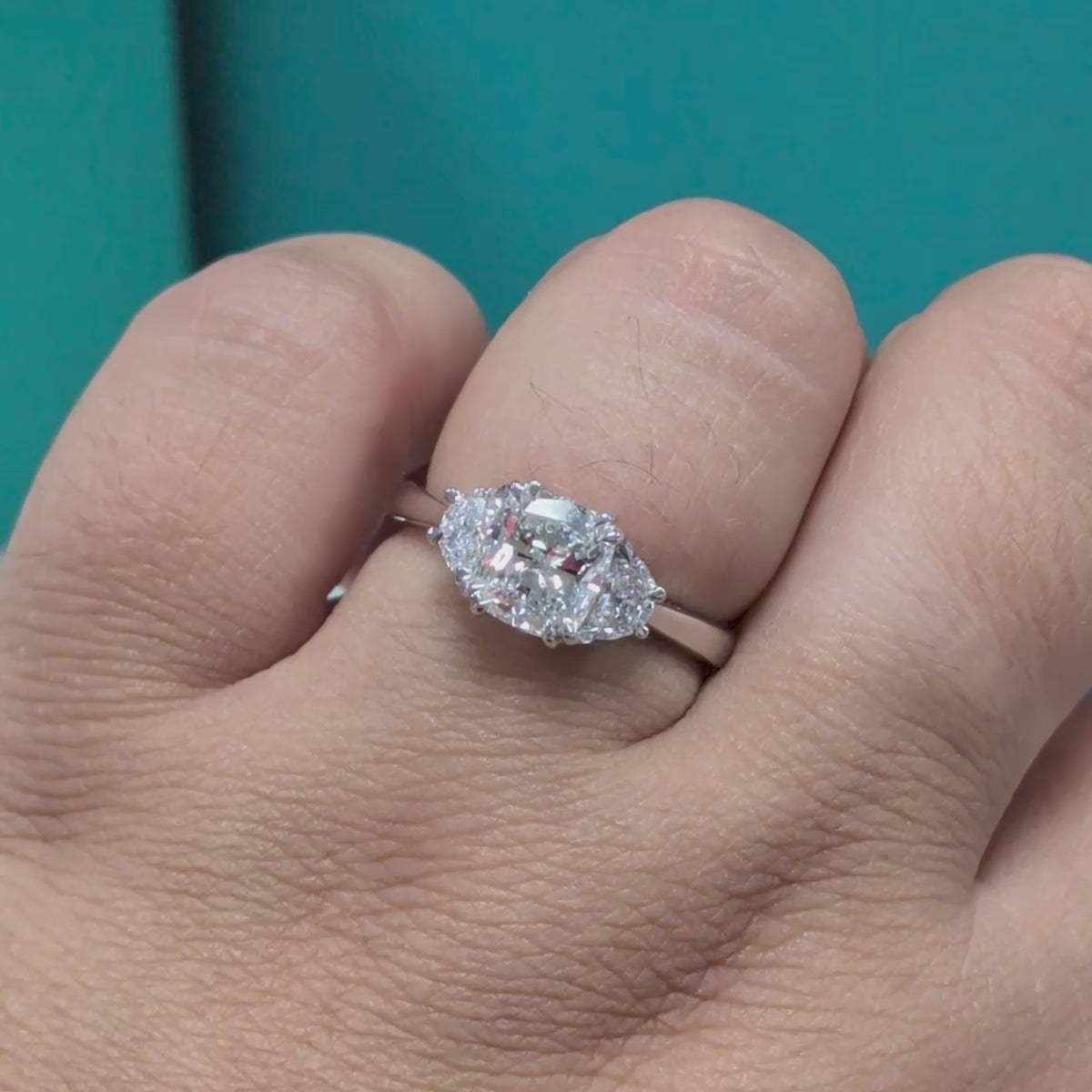 Cushion &amp; Half Moon Diamond Three Stone Engagement Ring in Platinum, 1.90ct