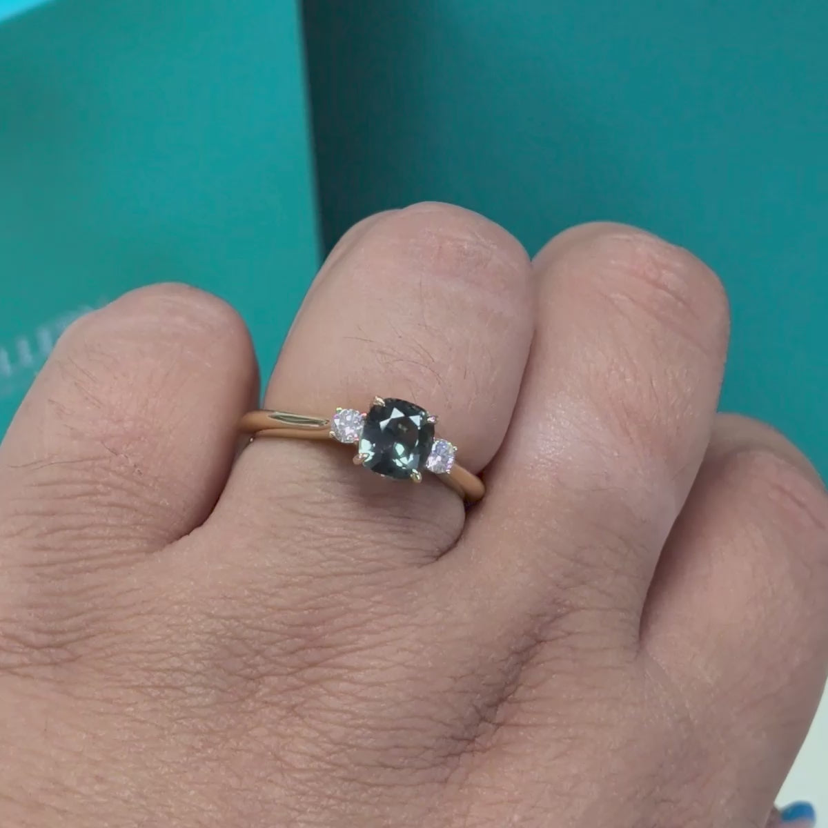 Teal Green Sapphire &amp; Diamond Three Stone Engagement Ring in 18ct Yellow Gold, 1.04ct