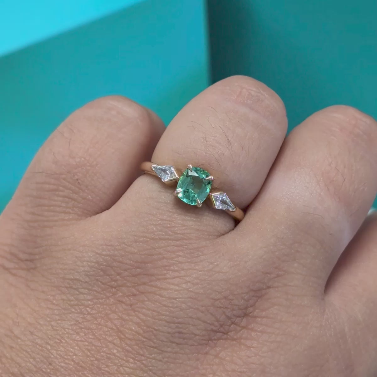Green Lagoon Tourmaline &amp; Diamond Three Stone Ring in 9ct Yellow Gold, 0.97ct