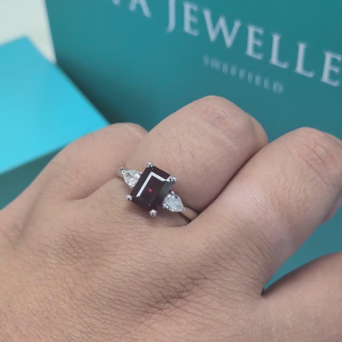 Rhodolite Garnet &amp; Diamond Three Stone Ring in Platinum, 2.01ct