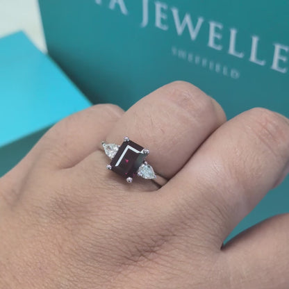 Rhodolite Garnet &amp; Diamond Three Stone Ring in Platinum, 2.01ct