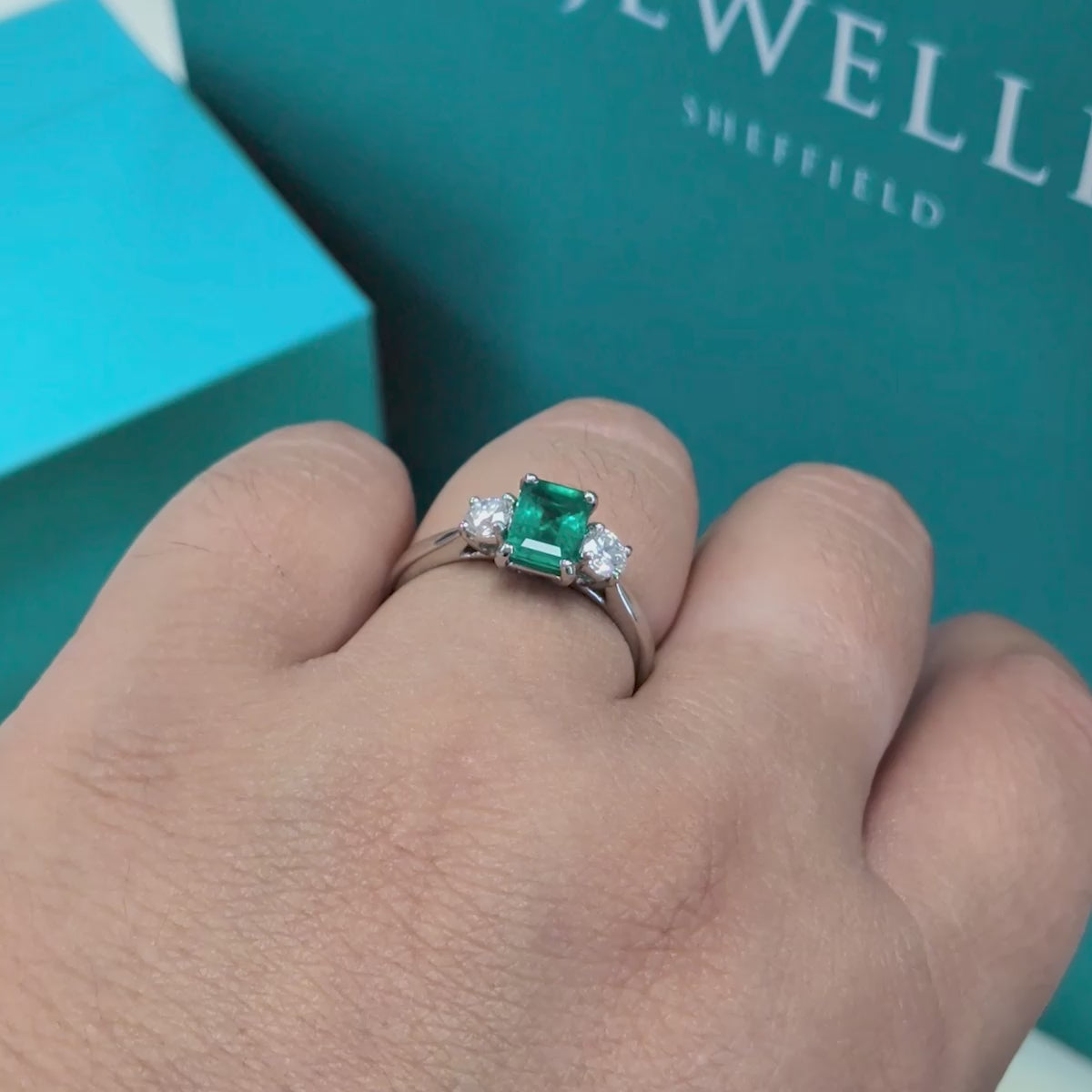 Emerald &amp; Diamond Three Stone Ring in Platinum, 1.13ct