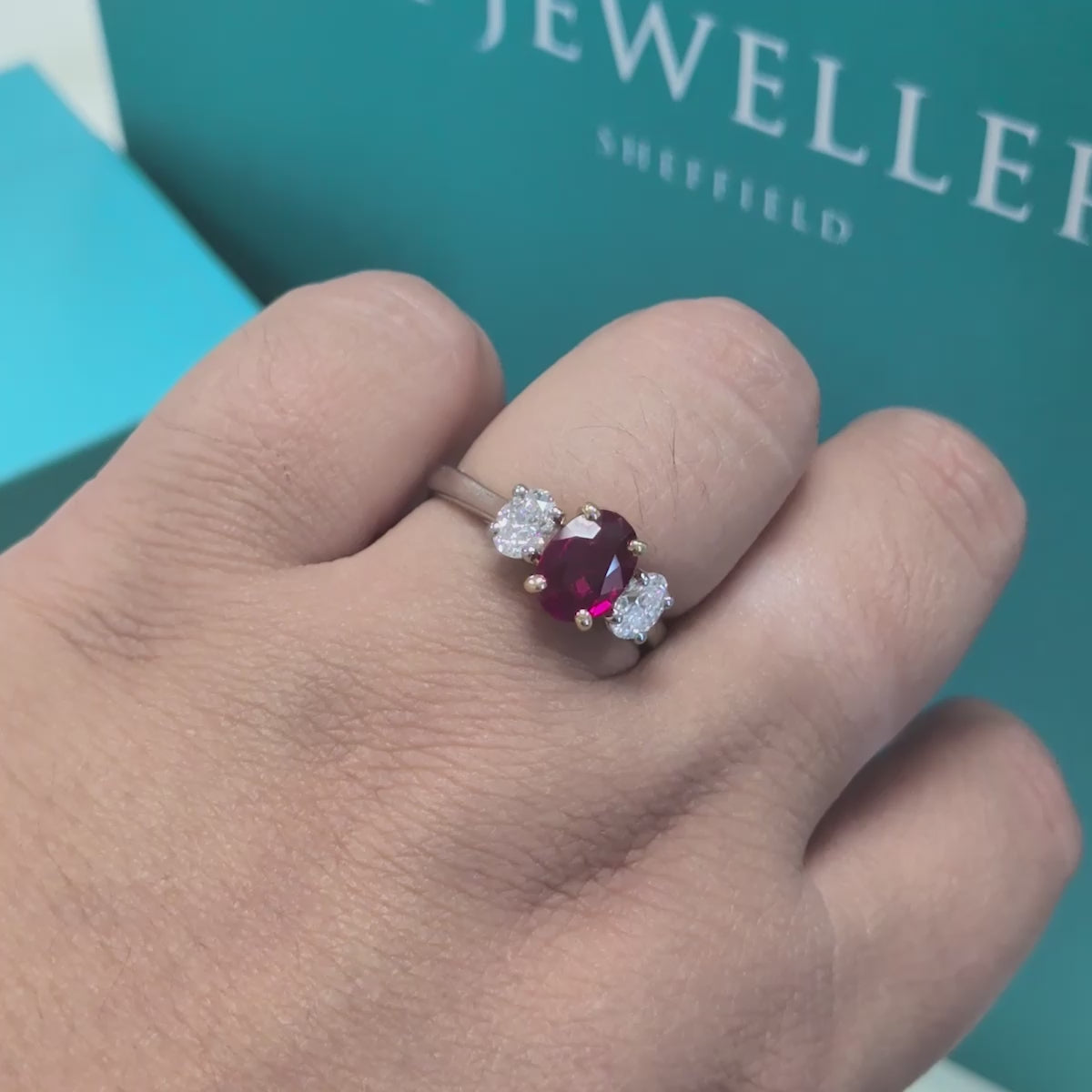 Ruby &amp; Diamond Three Stone Ring in Platinum, 1.85ct