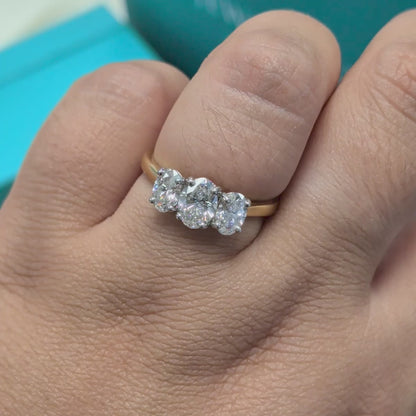 Laboratory Grown Oval Diamond Three Stone Engagement Ring in Platinum and 18ct Yellow Gold, 1.46ct