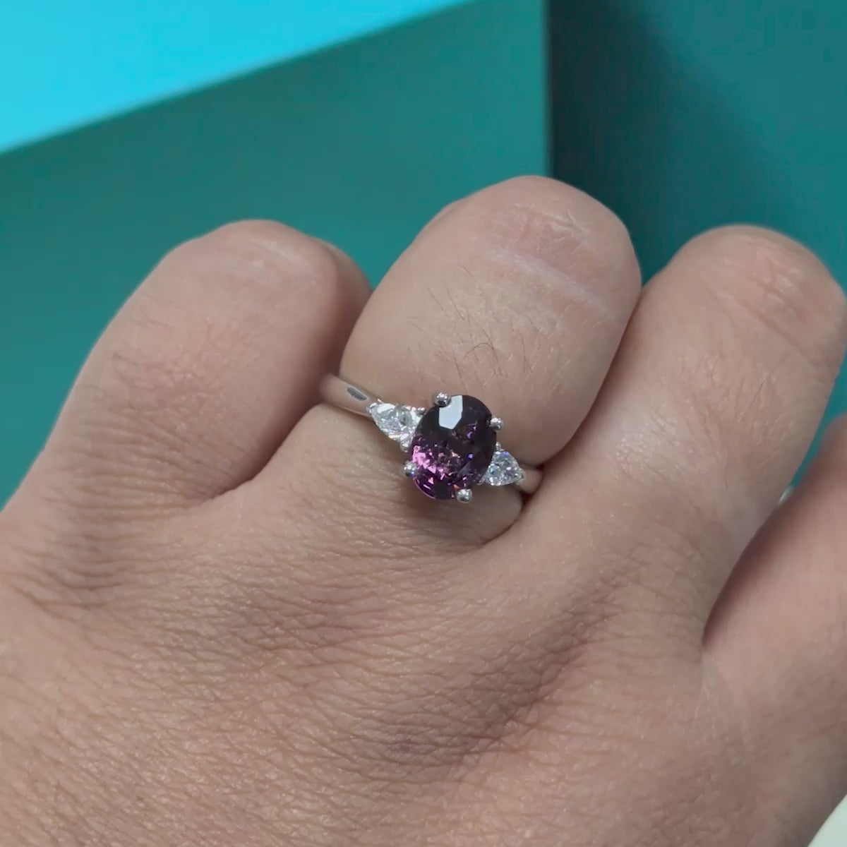 Purple Spinel &amp; Diamond Three Stone Ring in Platinum, 1.74ct