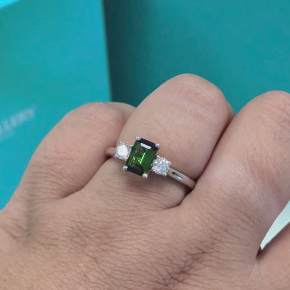 Green Tourmaline &amp; Diamond Three Stone Engagement Ring in Platinum, 0.98ct