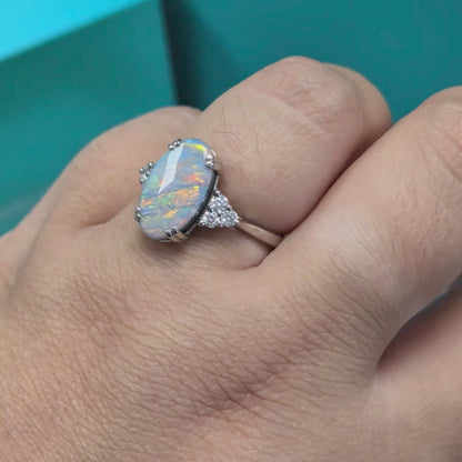 Black Opal &amp; Diamond Cluster Ring in Platinum, 2.56ct