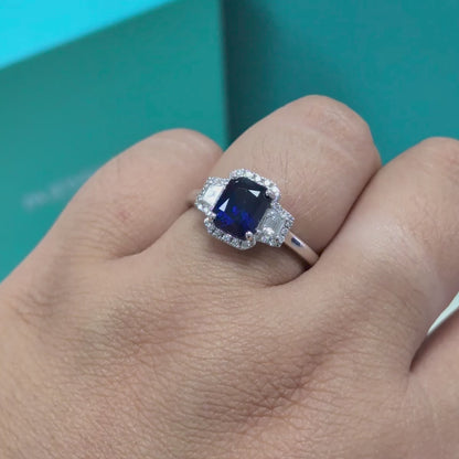 Sapphire &amp; Diamond Halo Cluster Engagement Ring in Platinum, 2.39ct
