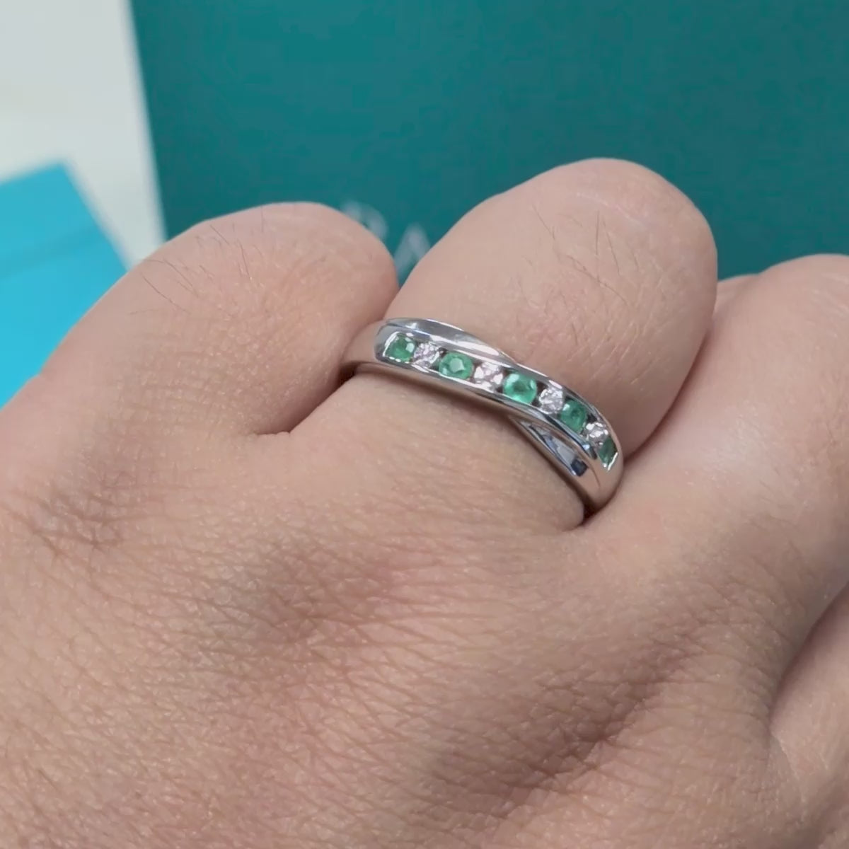 Synthetic Emerald &amp; Diamond Crossover Dress Ring in Silver