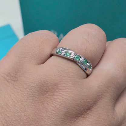 Synthetic Emerald &amp; Diamond Crossover Dress Ring in Silver