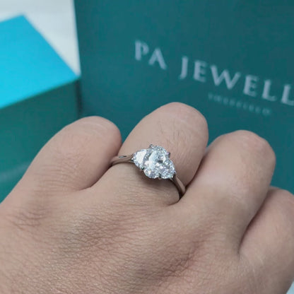 Laboratory Grown Oval &amp; Half Moon Diamond Three Stone Ring in Platinum, 1.53ct