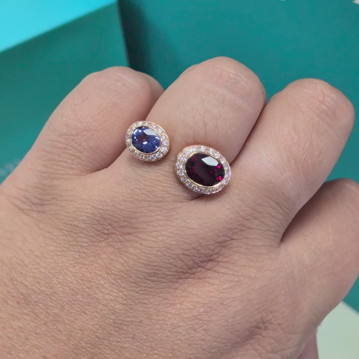 Rhodolite Garnet, Tanzanite &amp; Diamond Toi et Moi Ring in 18ct Rose Gold, 2.50ct