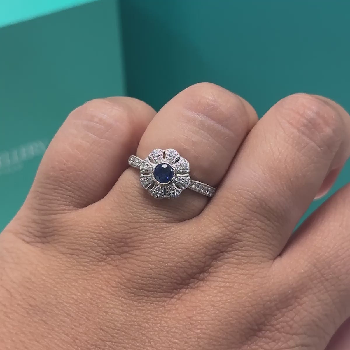 Sapphire &amp; Diamond Floral Cluster Ring in 18ct White Gold