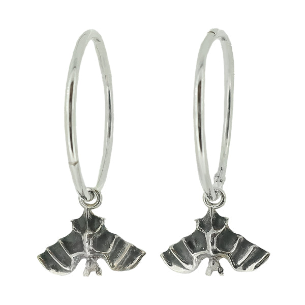 Bat drop earrings on hoops in silver