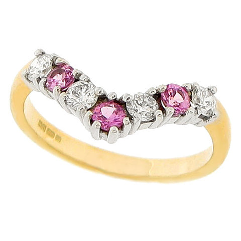 Pink sapphire and diamond wishbone half eternity ring in 18ct gold