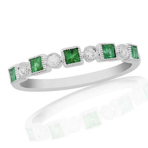 Emerald and diamond half eternity ring in 18ct white gold