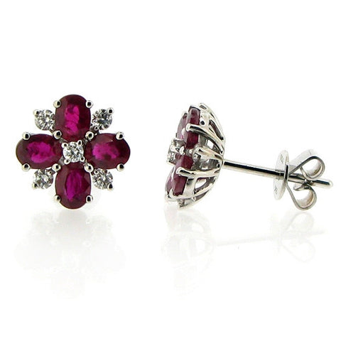 Earrings - Ruby & Diamond cluster stud earrings in 18ct white gold  - PA Jewellery