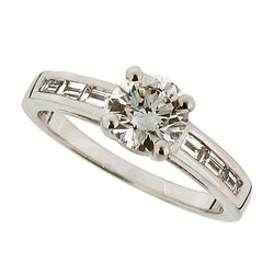 Ring - Diamond solitaire ring with baguette diamond set shoulders in platinum, 0.89ct  - PA Jewellery