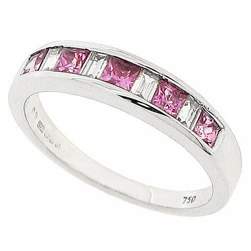 Pink sapphire and diamond half eternity band in 18ct white gold