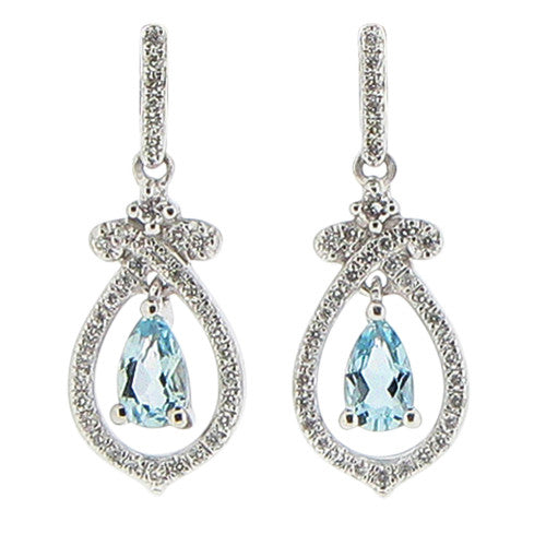 Earrings - Aquamarine and diamond 'bow' drop earrings in 18ct white gold  - PA Jewellery