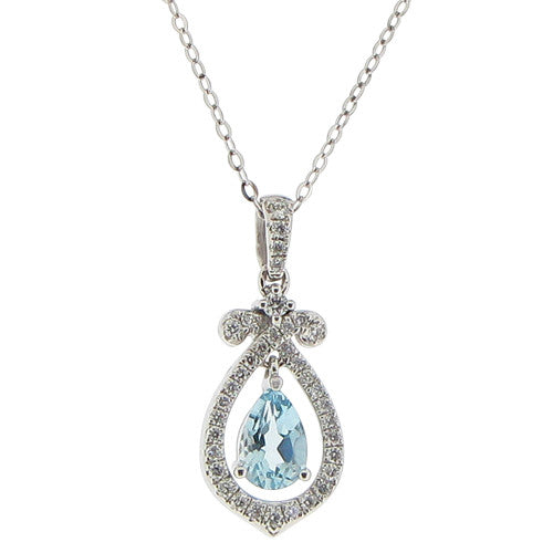 Neckwear - Aquamarine and diamond 'bow' pendant and chain in 18ct white gold  - PA Jewellery