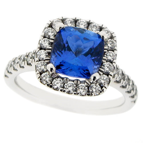 Ring - Tanzanite & Diamond cushion shape 'halo' ring in platinum  - PA Jewellery