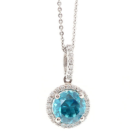 Blue zircon and diamond halo cluster pendant and chain in 18ct white gold