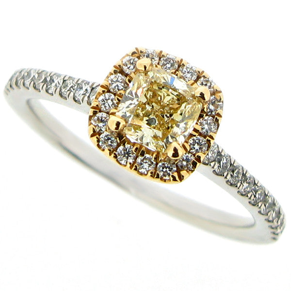 Ring - Yellow and white diamond 'halo' cluster ring in platinum and 18ct gold, 0.85ct total  - PA Jewellery