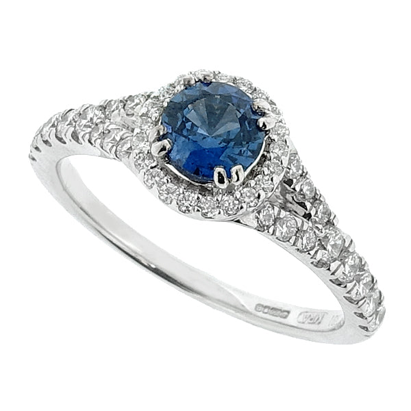 Sapphire and diamond halo cluster ring in 18ct white gold
