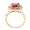 Rubellite and diamond double halo cluster ring in 18ct gold