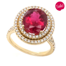 Rubellite and diamond double halo cluster ring in 18ct gold