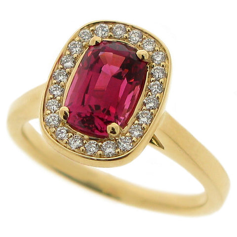 Pink spinel and diamond halo cluster ring in 18ct gold